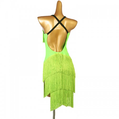 Fluorescent green fringe competition latin dance dresses for women girls halter neck sleevelss rhythm salsa rumba chacha modern dance costumes for female